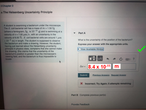 <Chapter 2 The Heisenberg Uncertainty Principle Part A A student is examining a bacterium under the microscope. The E. coli b