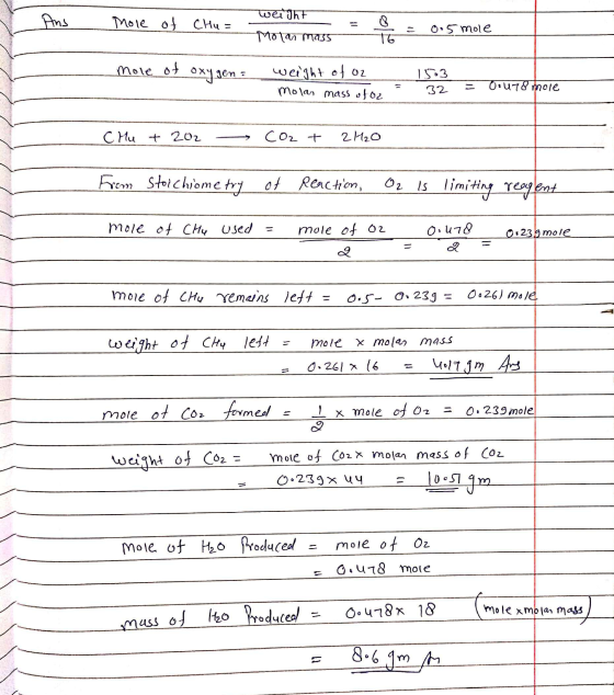 Mole of Chu= weight - Molar mass 4 = 0.5 mole mole of oxygen = weight of 02 1503 molan mass of o2 32 = 0.u78 mole CHu + 202 C
