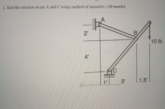 2. find the reaction at pin A and C using method of memebrs: (30 marks) -- 2 B 10 lb 4 77 CS Scanned Win Care 1 3 1.5