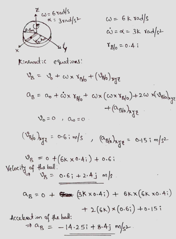 iw=6rads t x = 3 rad/s2 w = 6k rad/s W = d= 3k rad/sh Blo=0.4i Kinematic equations: Ug = 6 + w x 766 + (Uplo) xyz Qg = no +