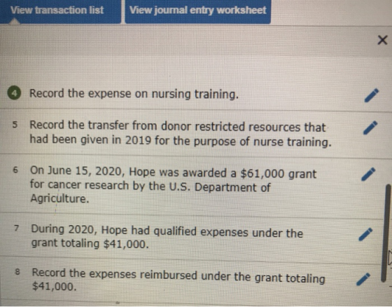 View transaction list View journal entry worksheet x Record the expense on nursing training. 5 Record the transfer from donor