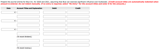 Prepare the journal entries for Blue Inc. for 2020 and 2021, assuming that Blue can exercise significant influence over Kulik