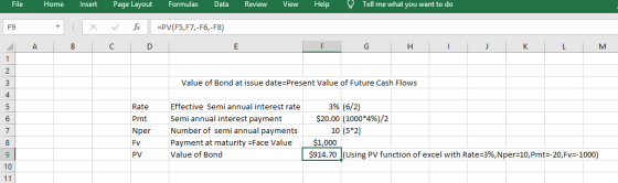 File Home Insert Page Layout Formulas Data Review View Help Tell me what you want to do F9 X forc =PV(F5, F7,-F6,-F8) A B co