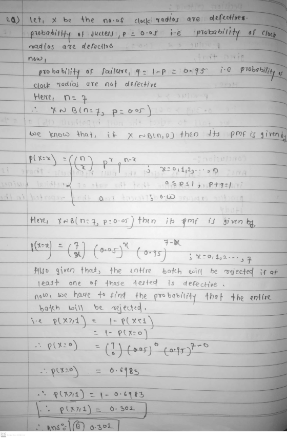 P = 0.08 20) let, x be the no of clock radios are defectives. probability of success je probability of Clock roadios are defe