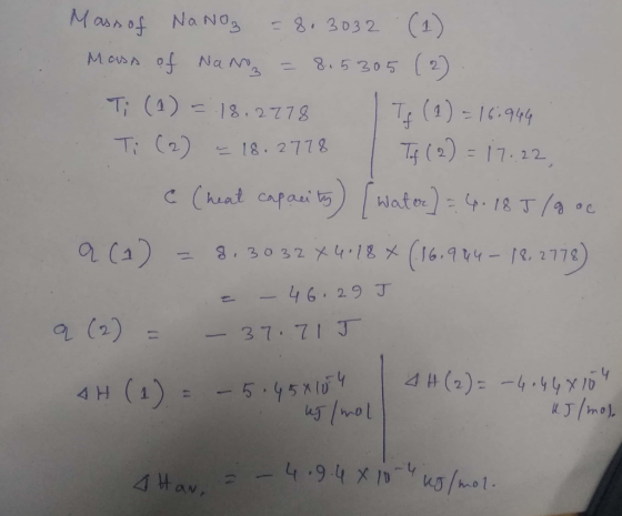 Mass of Nanog = 8,3032 (1) Mass of Name = 815 305 (2). Ti (1) = 18.2778 Tp (2) = 16:944 Ti (2) = 18.2778 | Tf (2) = 17:22, C