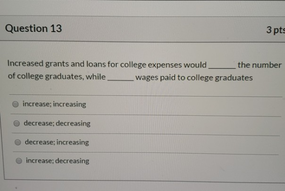 Question 13 3 pts Increased grants and loans for college expenses would the number of college graduates, while wages paid to