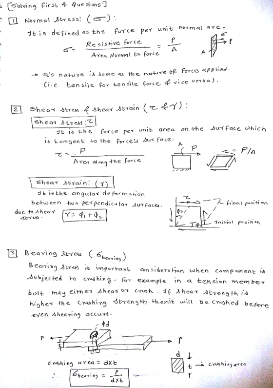 [Solving First 4 Questions Normal itress ) . t is defined as the force per unit nor maj are- Re sistive force ATca Noymal tfo