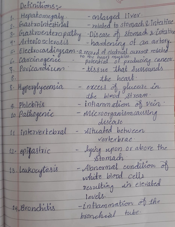 to the heart Definitions 1. Hepatomegaly. -enlarged liver. rastrointestinal -related to stomach l intestine 3. Grastroenterop