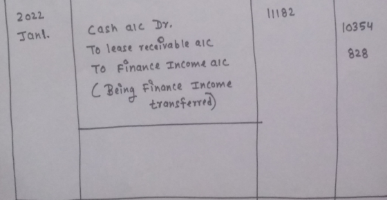 2022 1182 10354 Janl. 828 cash ale Dr. To lease receivable arc TO Finance Income alc (Being Finance Income & transferred)