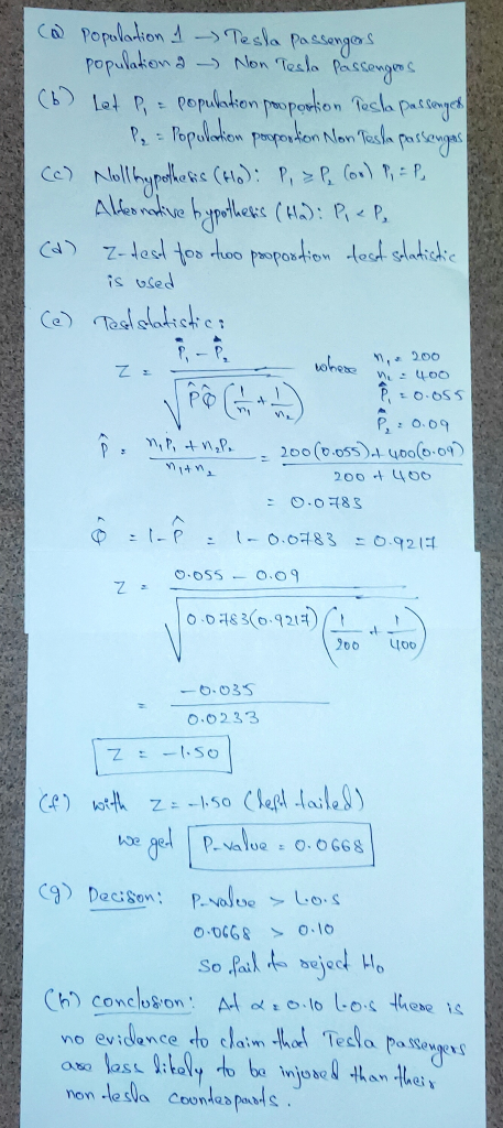 (a population 1 - Tesla passengers population a - Non Tesla Passengers (6) Let Py = population proportion Tesla passenger P =