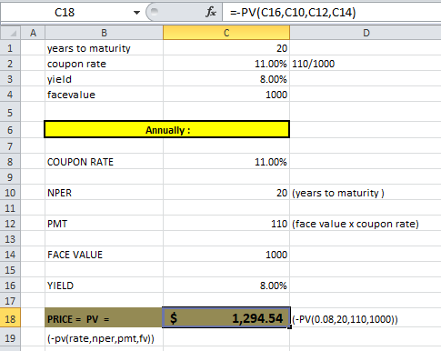 C18 fe --PV(C16,010, C12,C14) years to maturity coupon rate yield facevalue 20 11.00% 110/1000 8.00% 1000 Annually: COUPON RA
