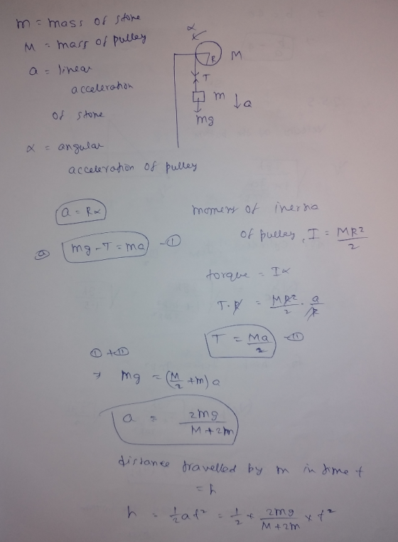 m = mass of stone M = mass of Pulley a = linear acceleration y mla of stone mg x = angular acceleration of pulley ra-Rx momer