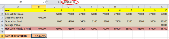 f EIRR(B6:L6) B8 B F A C F G H K. 1 Year 0 1 2 3 4 5 6 7 8 9 10 2 Annual Revenue 77000 77000 77000 77000 77000 77000 77000 77