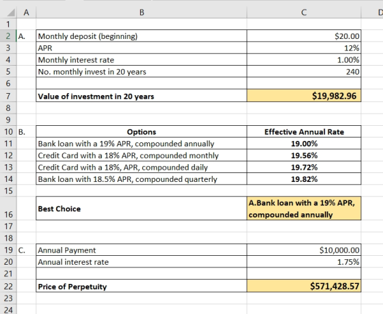 B 2A. $20.00 Monthly deposit (beginning) APR Monthly interest rate No. monthly invest in 20 years 12% 1.00% 240 6 7 Value of