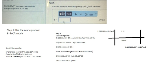 Part A The (CrClo ion has a maximum in its absorption spectrum at 735 nm Calculate the crystal field splitting energy (in k.J