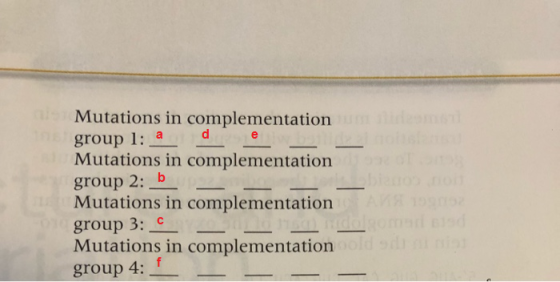 Mutations in complementation group 1: a d e Mutations in complementation group 2: b Mutations in complementation group 3: C M