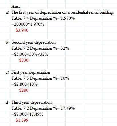Ans: a) The first year of depreciation on a residential rental building: Table: 7.4 Depreciation %= 1.970% =200000*1.970% $3.