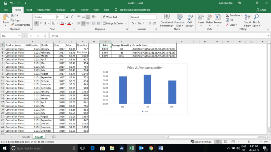 Book5 Excel Abhishek Rai Insert Page Layout Formulas Data Review View Help Tell me what you want to do Cut Copy Fonmat Painter 9-2, wrap Text Paste Insert Delete Format в | u, 田, 송, 트트 부Merge & Center. $.96 , sa og conditional Format as Cell Sort & Find & Filter Select - Clear Table Styles Clipboard Number Cells Editing 0 1Product Name SKUNumber Month e Quantity Formula Used 855 785 1157 Price Quantity 737 1101 Januar 1101 February 1101 Maerch 1101 April 1101 May 1101 June 2017| 2017 $3.49 Plot Area 2017 $3.49 1038 2017 $3.49 AVERAGEIFISEŞ2 SES25,H2,$F$2:$F$25) AVERAGEIFISES2 $ES25,H3,SF$2:SF$25) AVERAGEIFISEŞ2 SES25,H4,$F$2:$F$25) 3 Centralizer Plate 5 Centralizer Plate 6 Centralizer Plate 7 Centralizer Plate 8 Centralizer Plate 9 Centralizer Plate 10 Centralizer Plate 1 Centralizer Plate 2017 $3.49 2017 $3.49 2017 $3.49 2017 53.9 2017 $3.69 2017 $3.69 2017 $3.69 784 Price Vs Average quantity 1101 August 1101 September 1101 October 1101 November 1101 December 1101 Januar 1101 February 1248 732 634 843 580 1452 669 656 641 756 $4.00 $3.50 3.00 $2.50 $2.00 13 Centralizer Plate 4 Centralizer Plate 15 Centralizer Plate 16 Centralizer Plate 7 Centralizer Plate 18 Centralizer Plate 9 Centralizer Plate 20 Centralizer Plate 21 Centralizer Plate 22 Centralizer Plate 23 Centralizer Plate 24 Centralizer Plate 25 Centralizer Plate 2018 $3.69 S0.50 1101 April 1101 May 1101 June 1101July 1101 August 1101 Septem 1101 October 1101 November 1101 December 2018 $3.69 2018 $3.9 2018 $3.69 2018 $2.99 2018 $2.99 $0.00 983 1333 847 1562 2018$2.99 2018 $2.99 1303 2018 $2.99 912 Sheet2 Sheetl Select destination and press ENTER or choose Paste Display Settings Type here to search ENG 445 PM ) Us 28-Jan-19