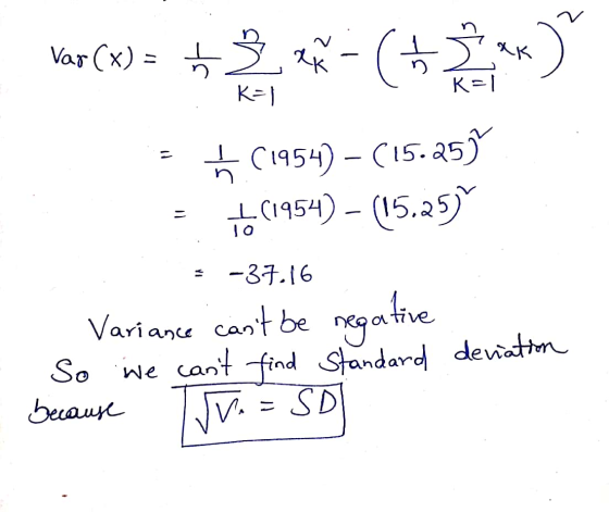 Var (x) = + 3 = (+3** K=1 ń (1954) – (15.259 (1954) – (15.25) 10 - 37.16 Variance cant be negative So we cant find Standard