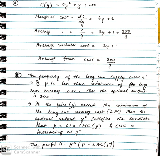 3 @ + 200 C(y) = 2y² + y + 200 Marginal costa = 4y +1 Average = 2y + 1+ 200 Average variable cost = 2y + 1 Average fined cast