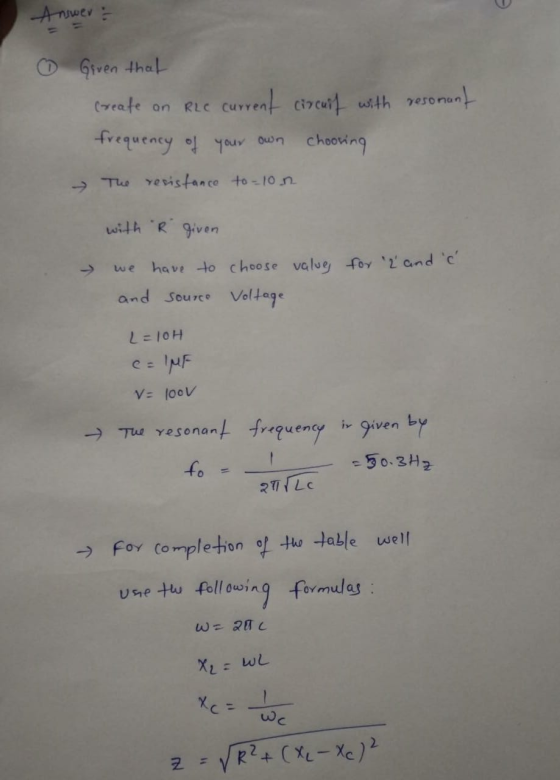 Answer Given that Create an Rhe current circuit with resonant frequency of your own choosing → The resistance to-10 n with t