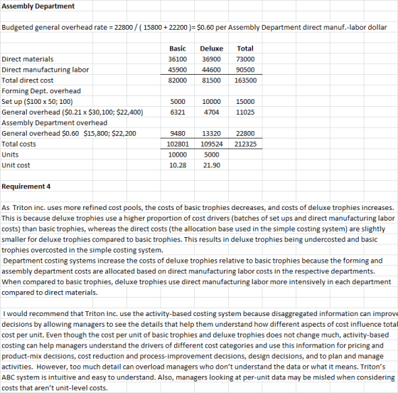 Assembly Department Budgeted general overhead rate = 22800 / 15800 + 22200 ) = $0.60 per Assembly Department direct manuf.-la