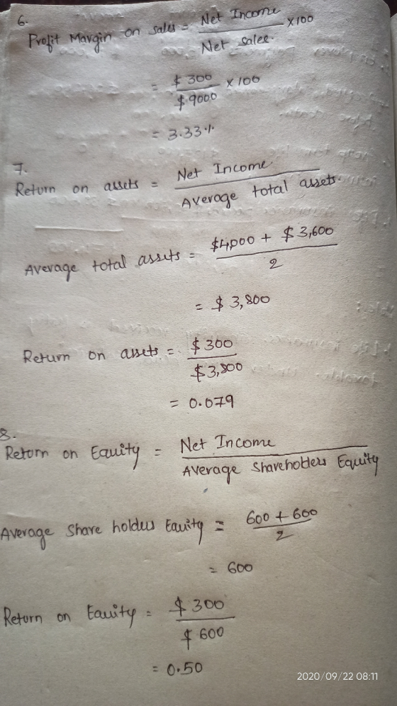 6. on sale Profit Margin Net Income X100 Net sales. $ 300 X 100 $ 9000 - 3.33.1 1092 Retum on allets Net Income Average total