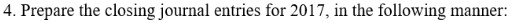 4. Prepare the closing journal entries for 2017, in the following manner: