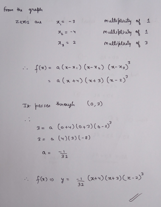 from the graph zeros are x= -3 d₂=-4 &z=2 multiplicity of multiplicity of multiplicity of 3 1 a .. f(0) = a (x-x,) (-22) (0-2