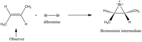 Br:
Hirun/
\..CH
+
Br- Br
dibromine
H3C
H3C
1H
Bromonium intermediate
Observer