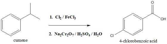 1. Cl/FeCl3 OH 2. Na,Cr,O,/ H2SO4/H,0 cm 4-chlorobenzoic acid cumene