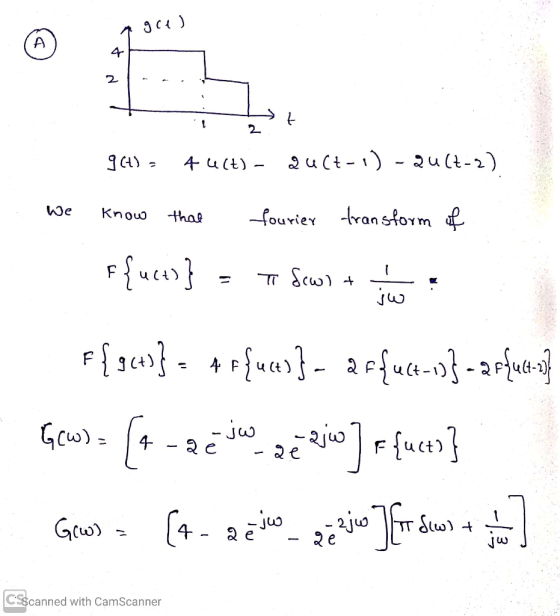 3c4 ) A 4 2 t 1 90+) a 4 uct) Qu(t-1) - Qu(2-2) We know that Tourier transform of F{ucts} π scowl + iw حيال - F{964)} = Af{uc