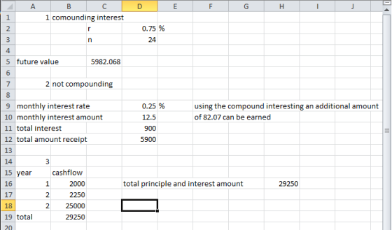 А B D E F G H J 1 1 comounding interest Nm 0.75 % 24 n 4 5 future value 5982.068 6 7 2 not compounding 8 9 monthly interest r