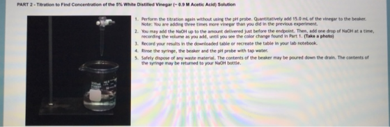 PART 2- Titration to Find Concentration of the 5 % White Distilled Vinegar (-0.9 M Acetic Acid) Solution 1. Perform the titra