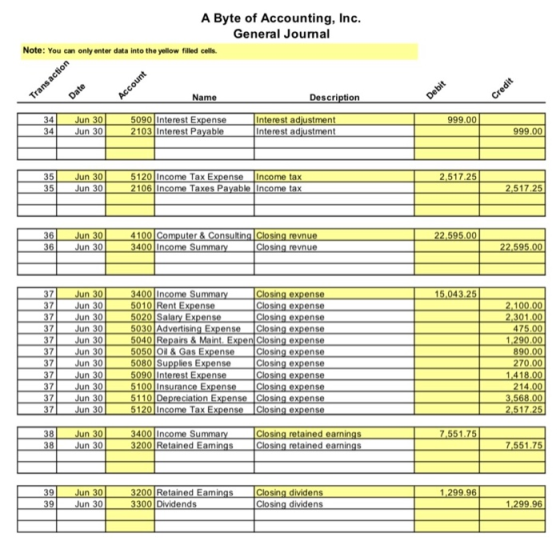 A Byte of Accounting, Inc. General Journal Note: You can only enter data into the yellow filled cells. Transaction Date Accou