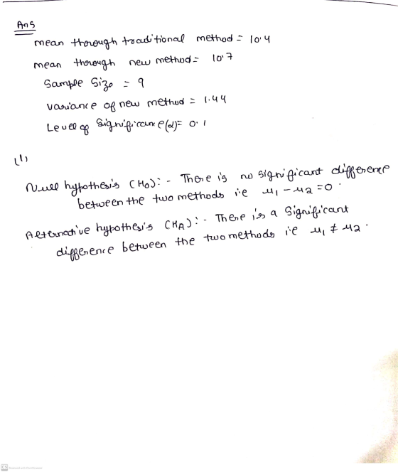 107 Ans mean through traditional method - 1014 mean through new method a Sample size variance of new method = 1.44 Significan