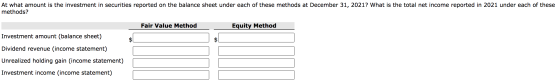 At what amount is the investment in securities reported on the balance sheet under each of these methods at December 31, 2021