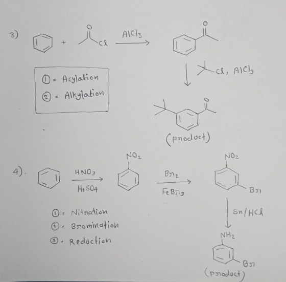 4, Aје), = Acylation ② = Alkylation (product) HNO₃ Br2 He S04 Fe Bg Br Sn/Ha - Nitration - Bromination ③. Reduction NH2 LIL83