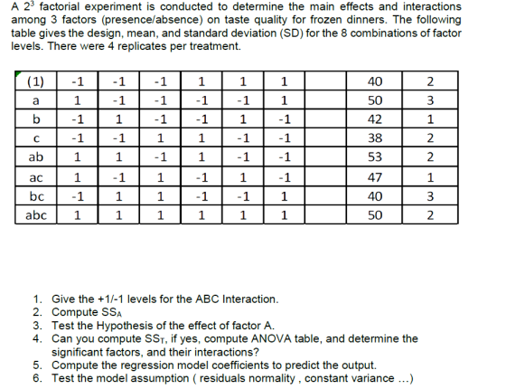 A 23 factorial experiment is conducted to determine the main effects and interactions among 3 factors (presence/absence) on t