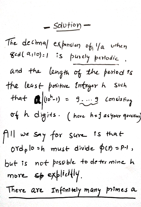 Solution - such The decimal expansion of; la when gode 9110):1 is purely periodic , and the length of the period is the least