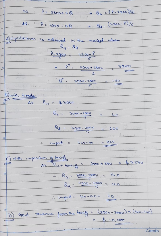 SS. .- P = 2800+50 i do = (P-2800/5 odd. P = 4300 - SQ Qd = (4300-P)/5 in the market when A) Equilibrium is achieved Qs = dd