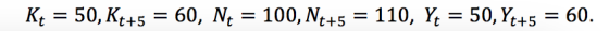 K4 = 50, Kt+5 = 60, N4 = 100, Nt+5 = 110, Y1 = 50, Yt+5 = 60.