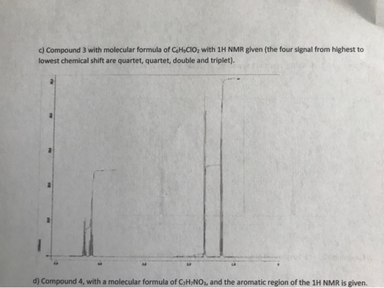 c) Compound 3 with molecular formula of CeH9CIO, with 1H NMR given (the four signal from highest to lowest chemical shift are