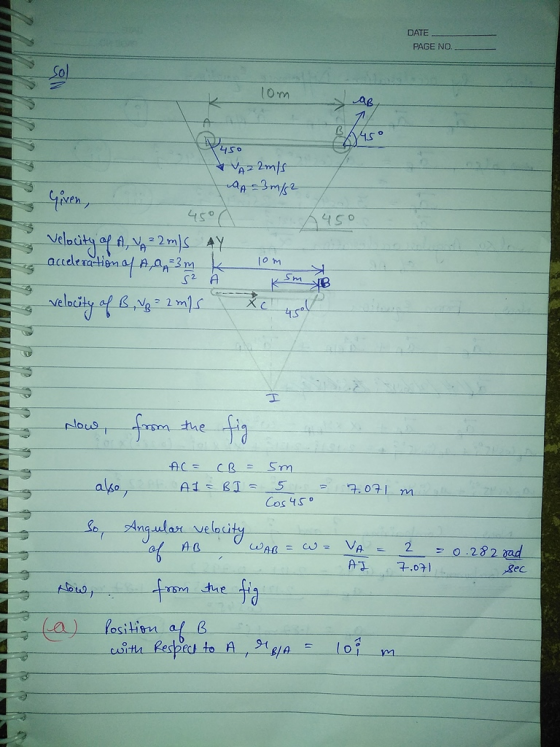 DATE PAGE NO. lom 450 W450 AVAZ 2m/s A =3 m/s2 145 45° Velocity of A, VA ²2 m/s AY acceleration of A,a 3 m lom S2 A B velocit