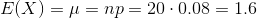 E(X)-μ np-20-0.08-1.6