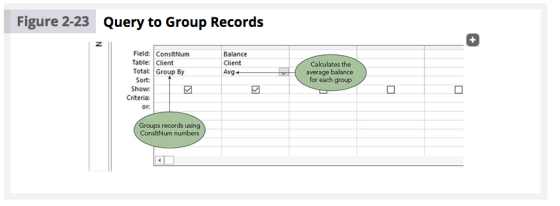 Figure 2-23 Query to Group Records Field: ConsltNum Table: Client Total: Group By Sort: Show Balance Client Calculates the av
