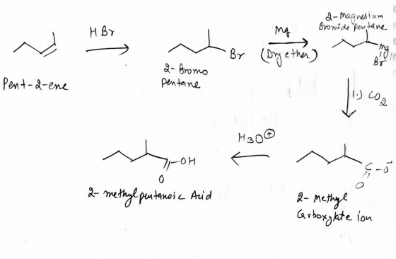 2- magnesium Bromide pentane H BY ng By (Dry ether) mg Br 10 2- Bromo pentane Pent-a-ene به دا H30 -OH 0 2-methylpentanoic A