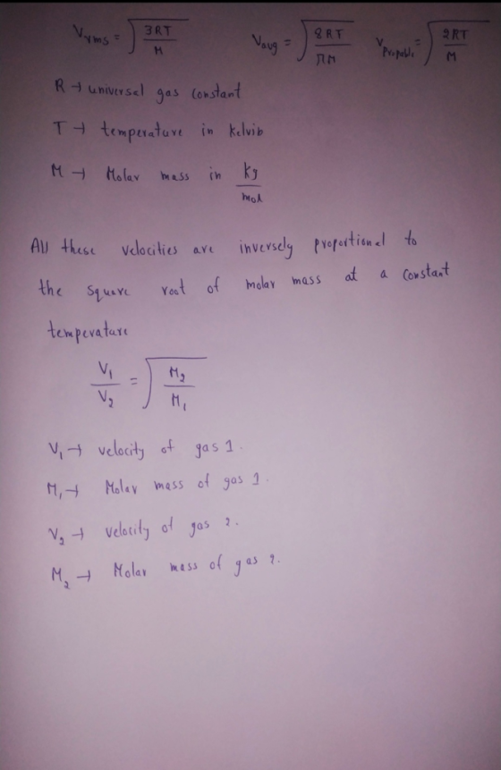 Rt universal gas constant Ty temperature in kelvib My Molar mass in kg mol All these velocities are the square root of invers
