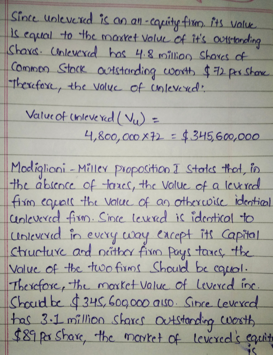 Since unlevered is an all-equity from its value is equal to the market value of its outstanding Shaxas. Cinlevexed bas 4.8 m
