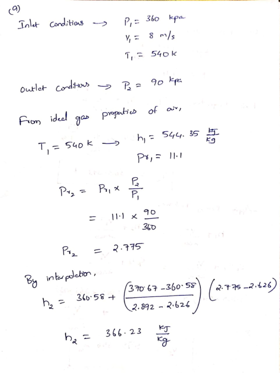 Inlet Conditions - P = 360 kpa V = 8 m/s 7,5 540k outlet conditions > P = 90 kpa from ided gas T,=540k properties of air, - h